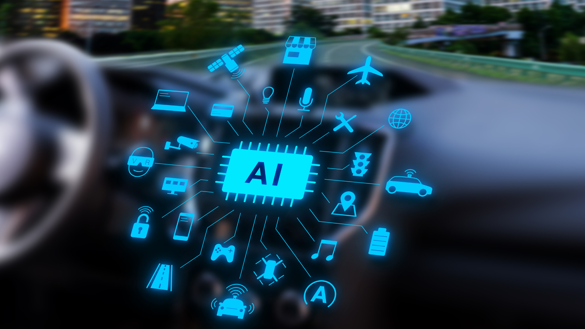 Painel de carro exibindo diversas opções de aplicativos de inteligência artificial
